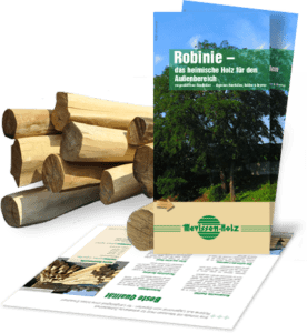 Bildkomposition mit dem Flyer zu Robinien von Mevissen-Holz und einigen Pfählen aus Robinie